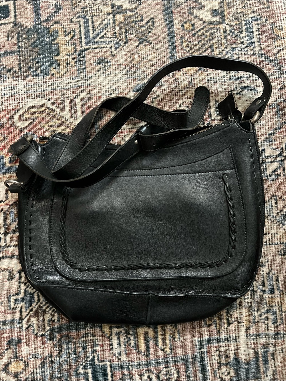 Vin Baker Black Leather Crossbody Bag with Front Pocket